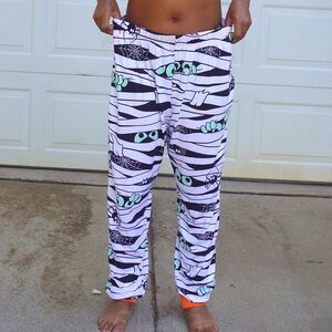 Halloween Mummy Print PJ Jogger Pants Size L Spooky Pajama Bottoms Black Orange